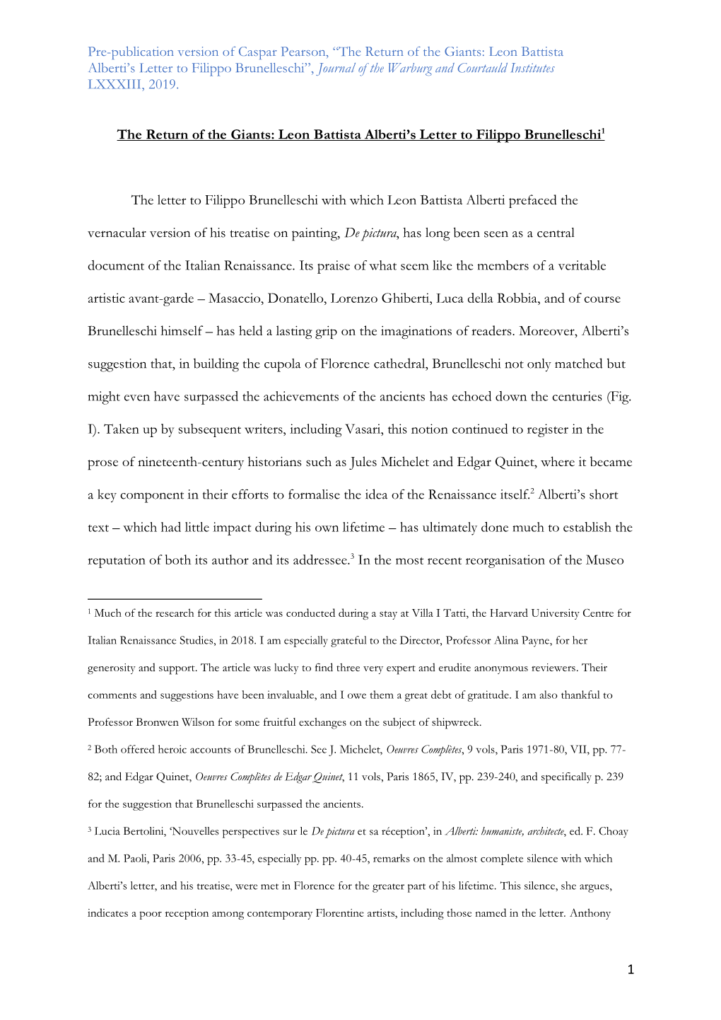 Pre-Publication Version of Caspar Pearson, “The Return of the Giants: Leon Battista Alberti's Letter to Filippo Brunelleschi