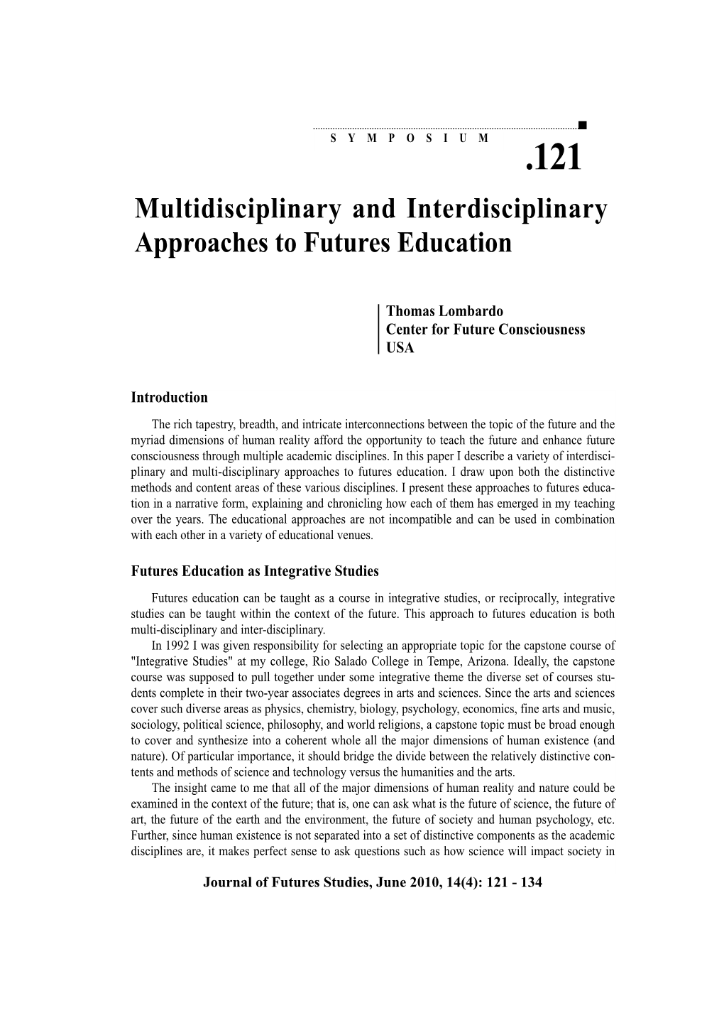 Multidisciplinary and Interdisciplinary Approaches to Futures Education