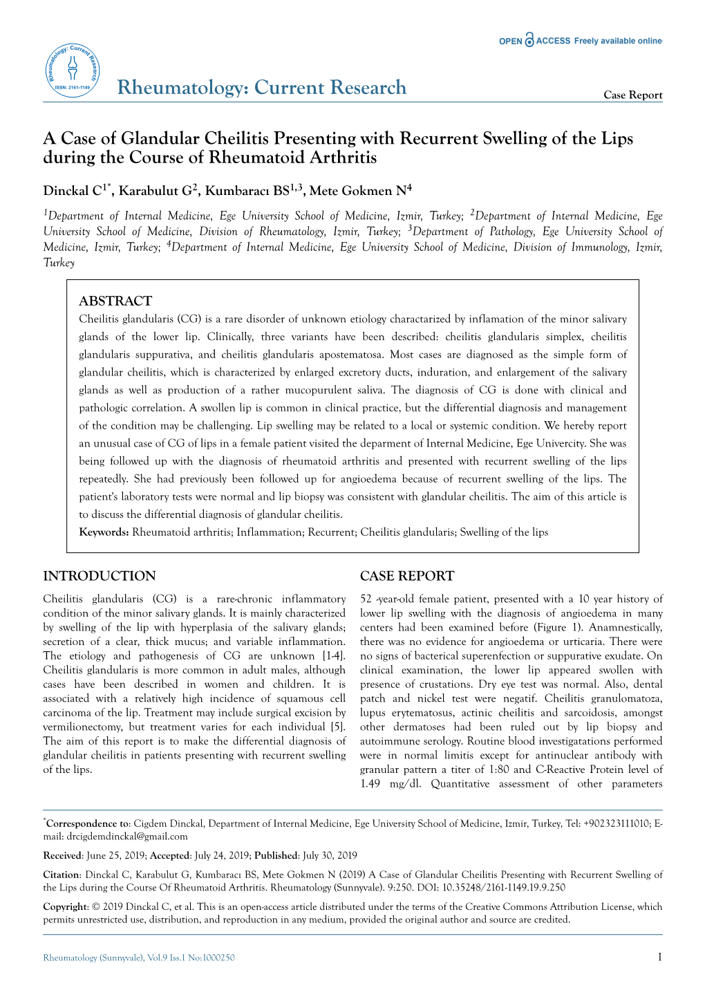 A Case of Glandular Cheilitis Presenting with Recurrent Swelling of the Lips During the Course of Rheumatoid Arthritis