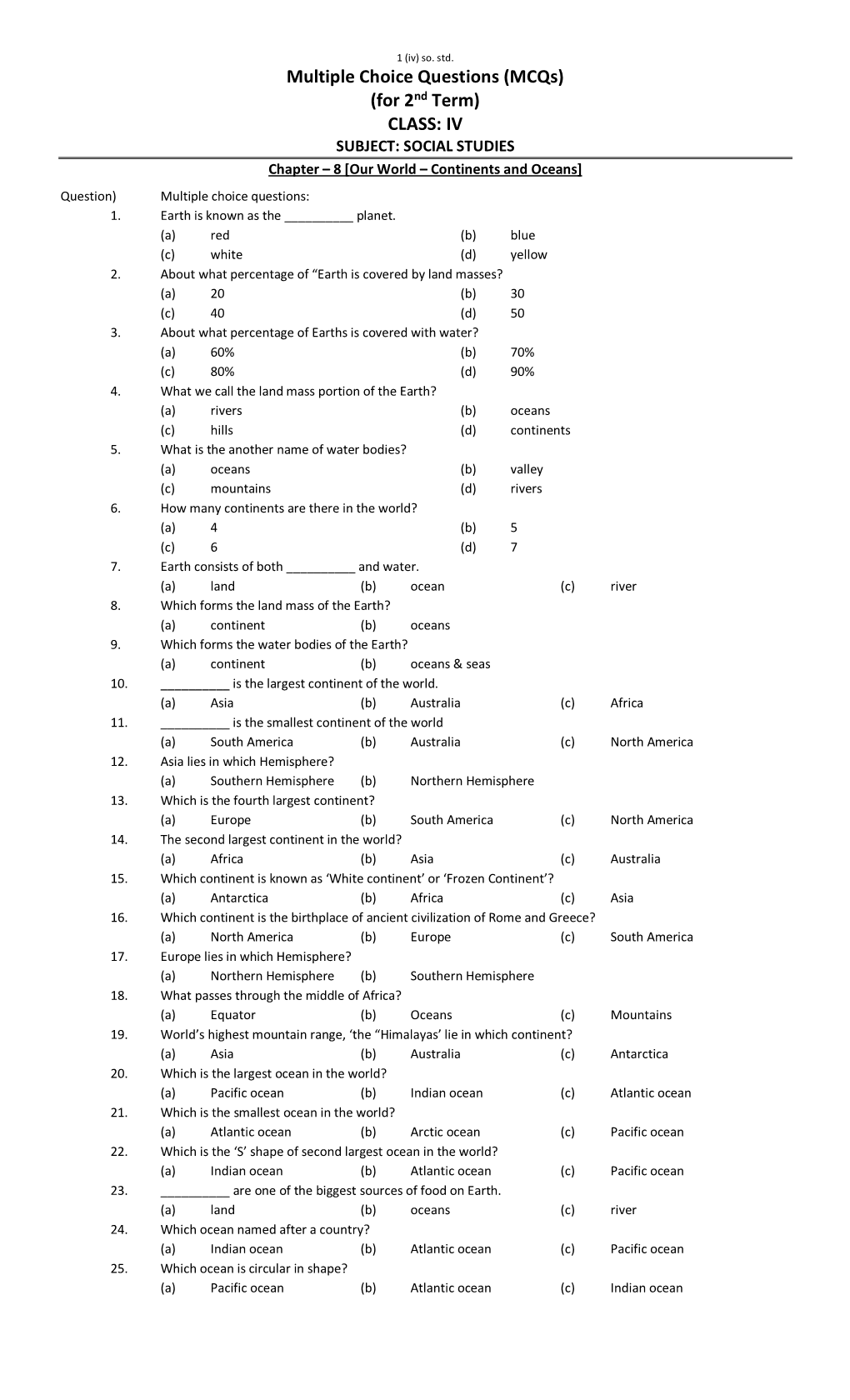 Multiple Choice Questions (Mcqs) (For 2Nd Term) CLASS: IV