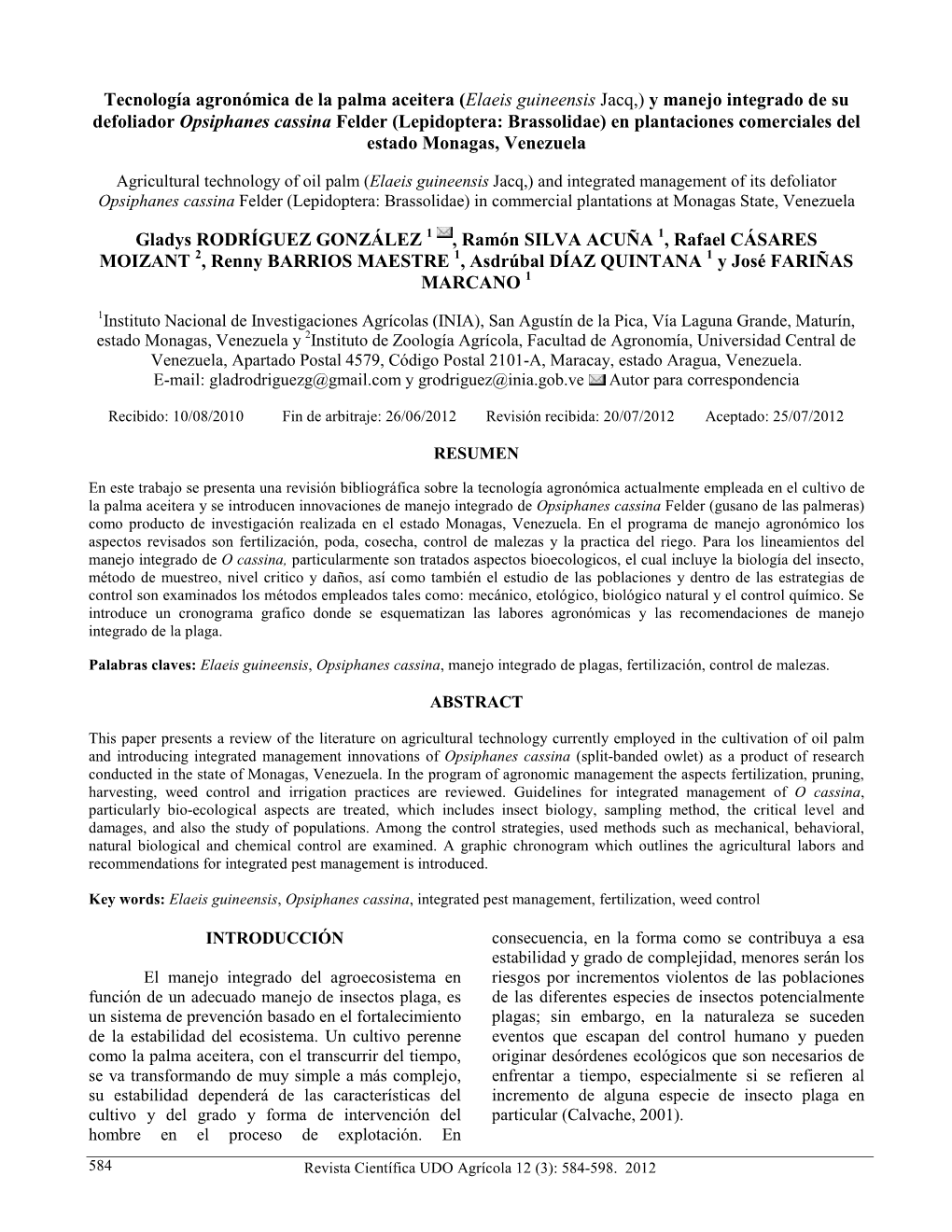 Tecnología Agronómica De La Palma Aceitera (Elaeis Guineensis Jacq,) Y Manejo Integrado De Su Defoliador Opsiphanes
