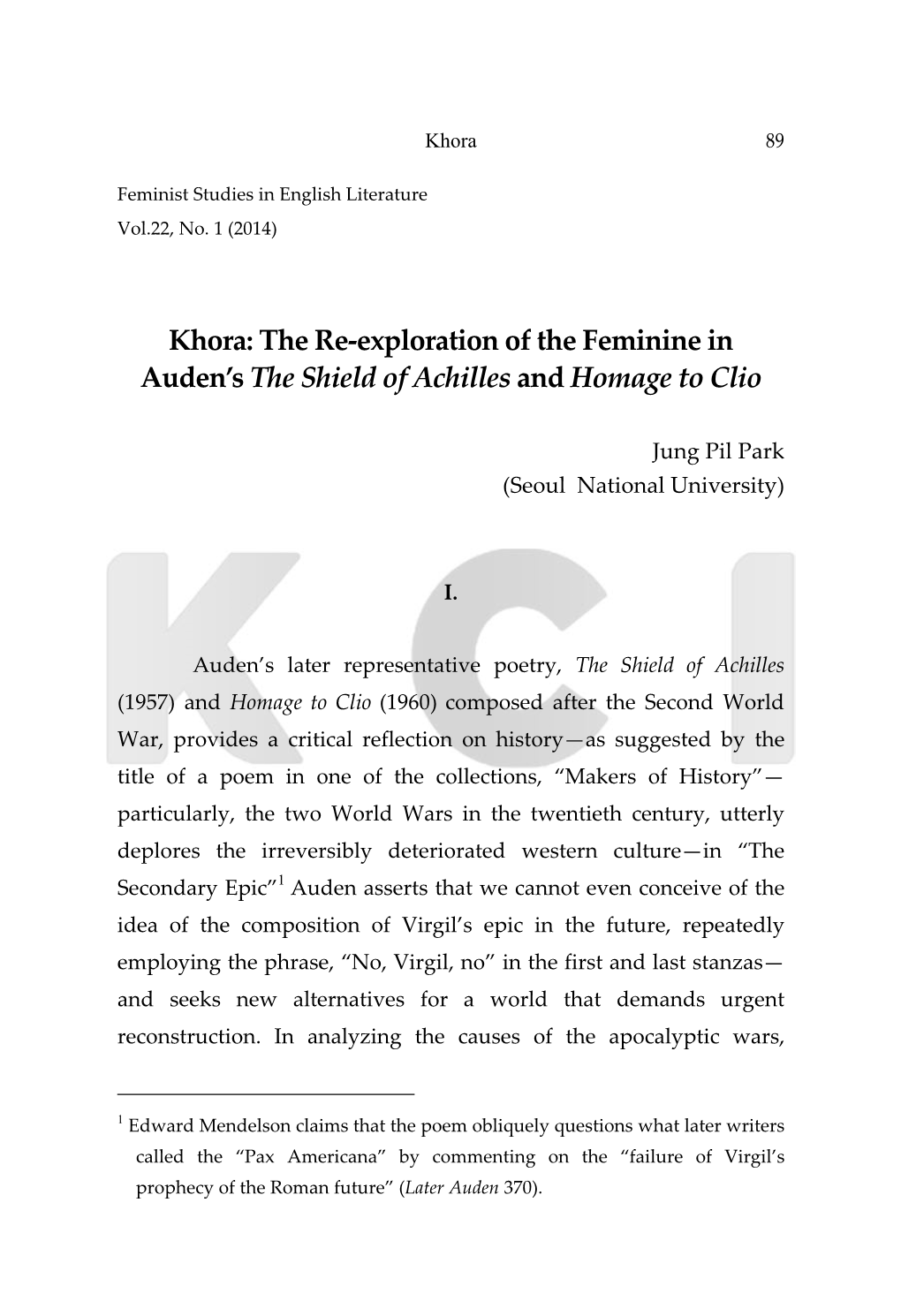 Khora: the Re-Exploration of the Feminine in Auden's the Shield Of