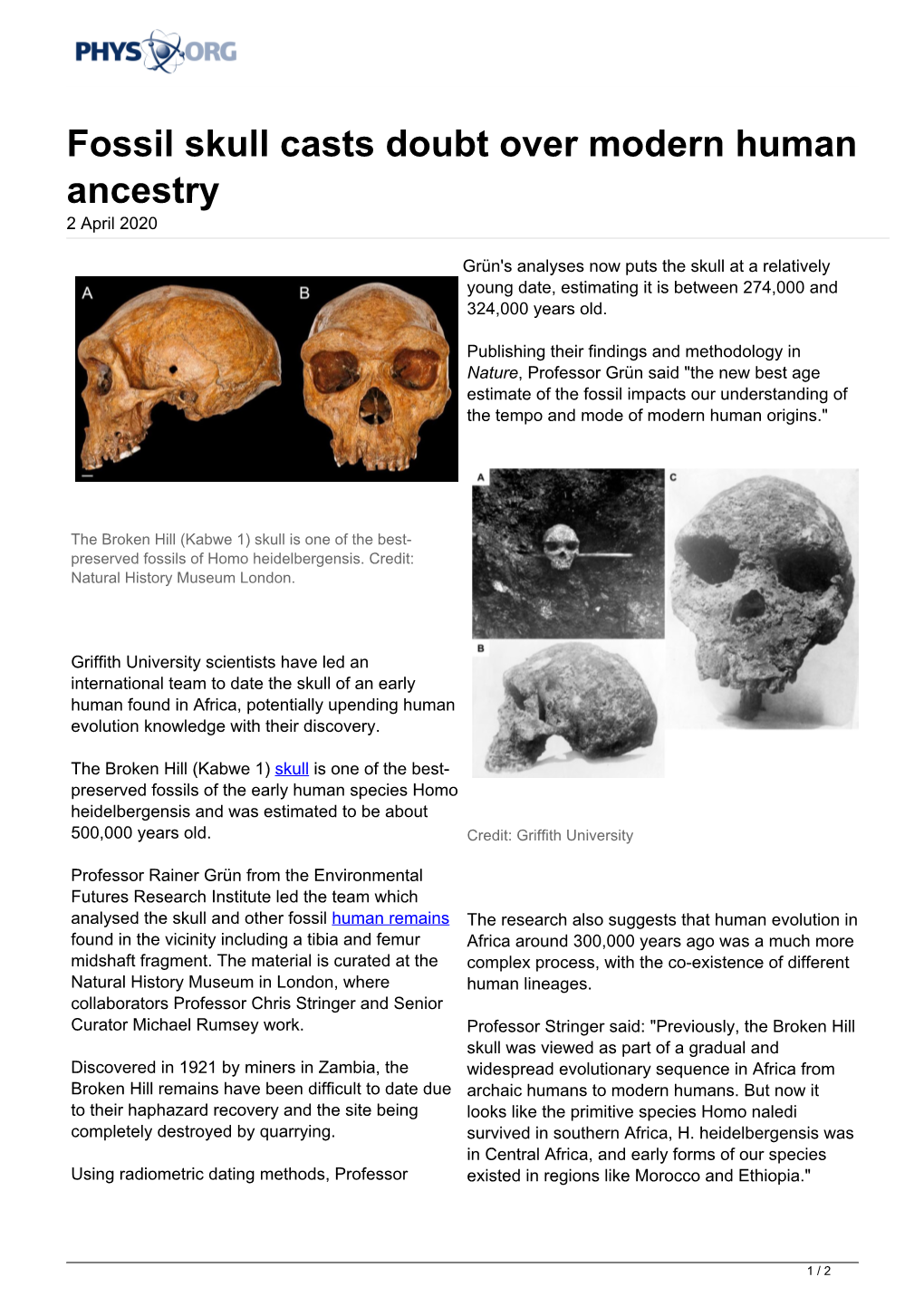 Fossil Skull Casts Doubt Over Modern Human Ancestry 2 April 2020