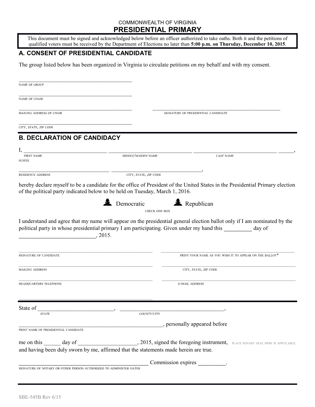 Combined Declaration of Candidacy and Consent to Circulation of Petitions