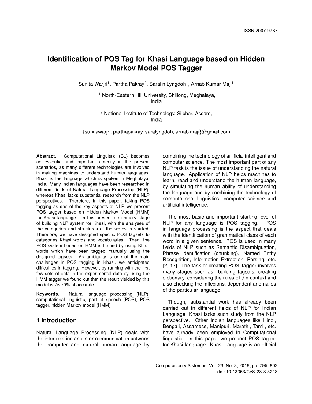 Identification of POS Tag for Khasi