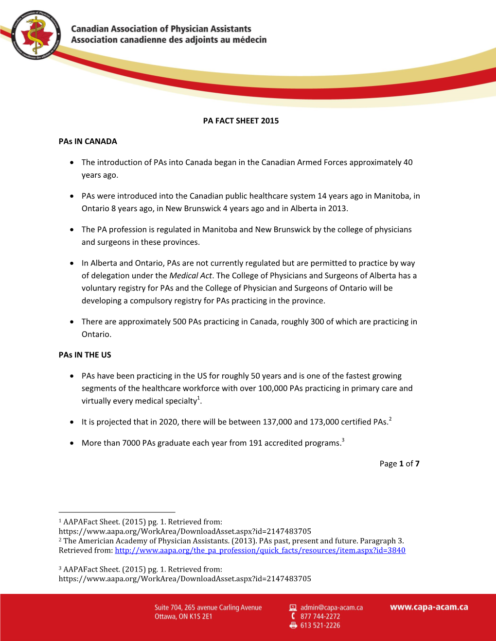 PA FACT SHEET 2015 Pas in CANADA