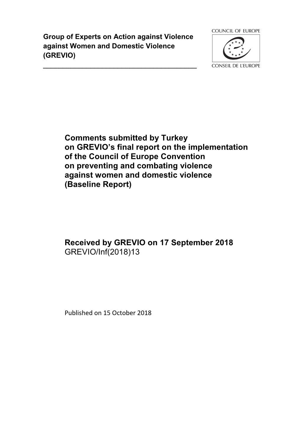 Comments Submitted by Turkey on GREVIO's Final Report on the Implementation of the Council of Europe Convention on Preventing