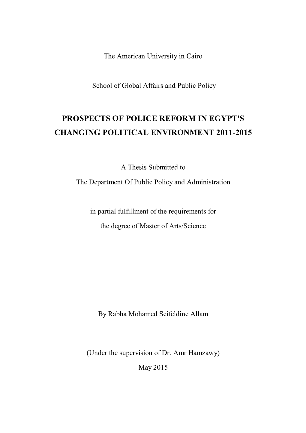 Prospects of Police Reform in Egypt's Changing Political Environment 2011-2015