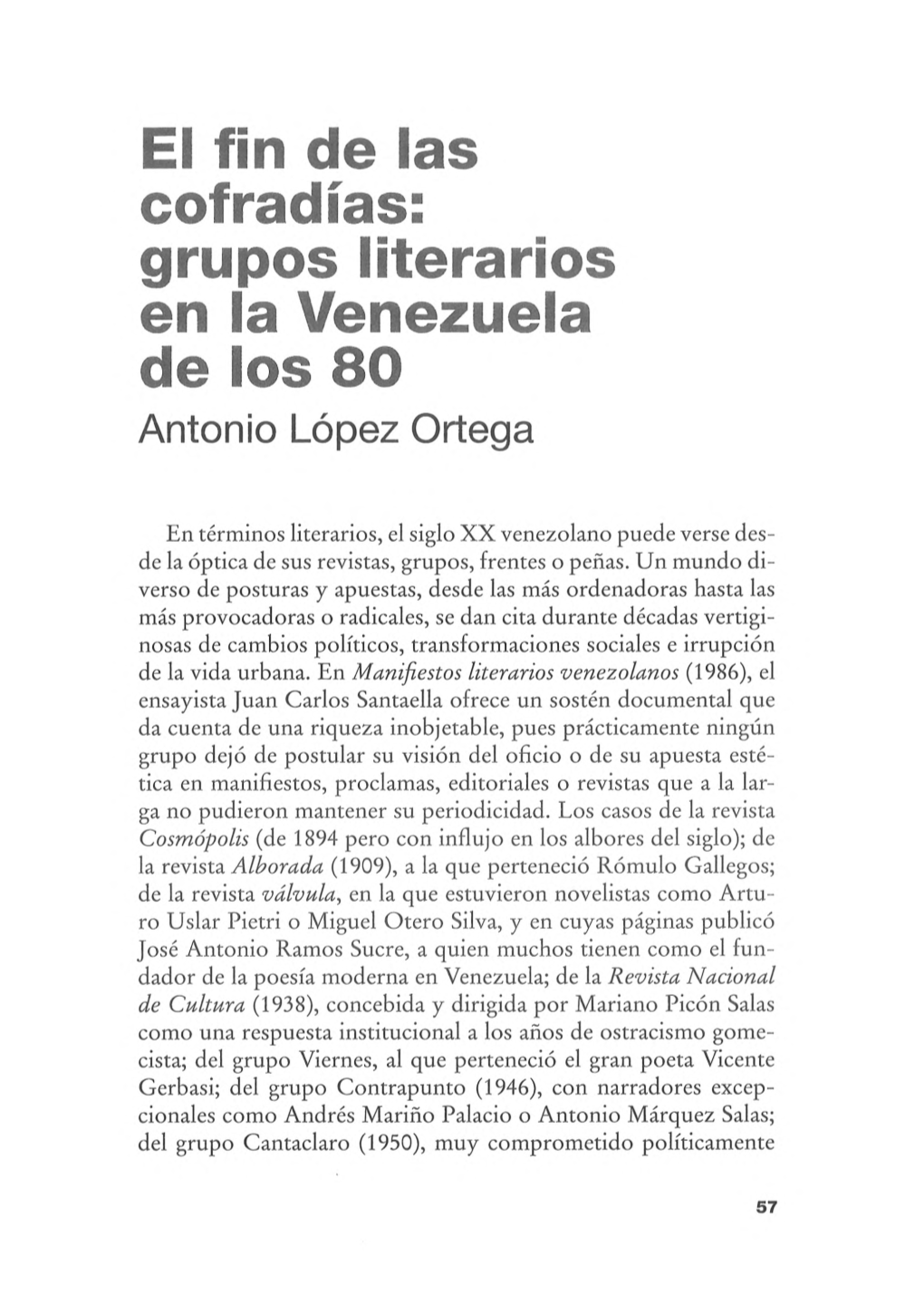 Grupos Literarios En La Venezuela De Los 80 Antonio López Ortega