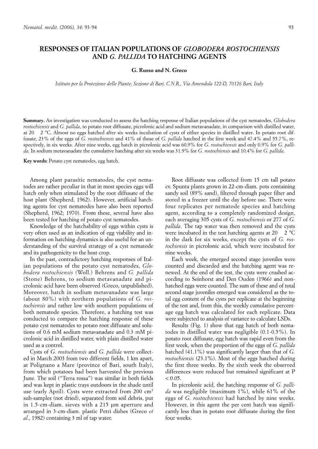 Responses of Italian Populations of Globodera Rostochiensis and G