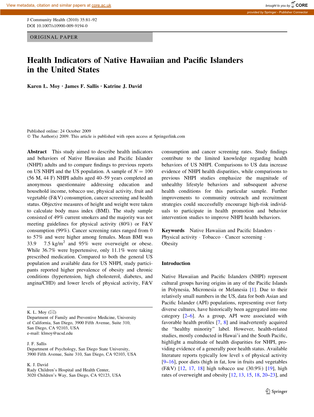 Health Indicators of Native Hawaiian and Pacific Islanders in the United States