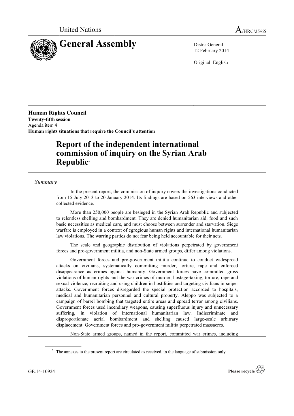 Report of the Independent International Commission of Inquiry on the Syrian Arab Republic*