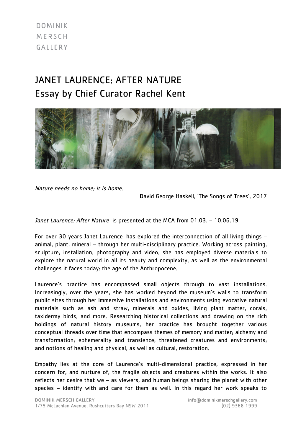 JANET LAURENCE: AFTER NATURE Essay by Chief Curator Rachel Kent