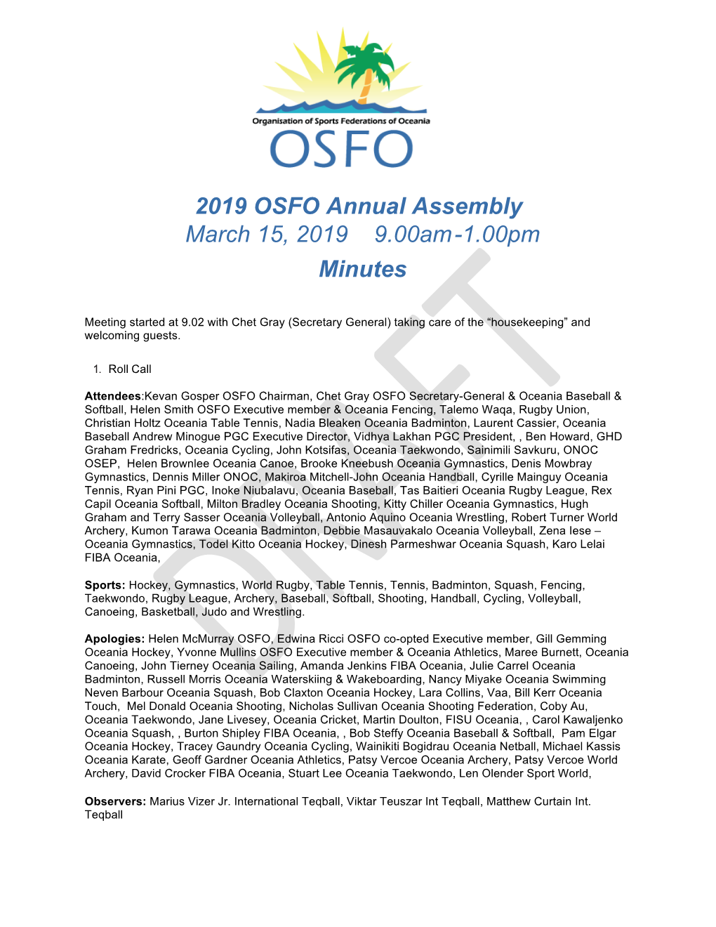 2019 OSFO Annual Assembly March 15, 2019 9.00Am -1.00Pm Minutes