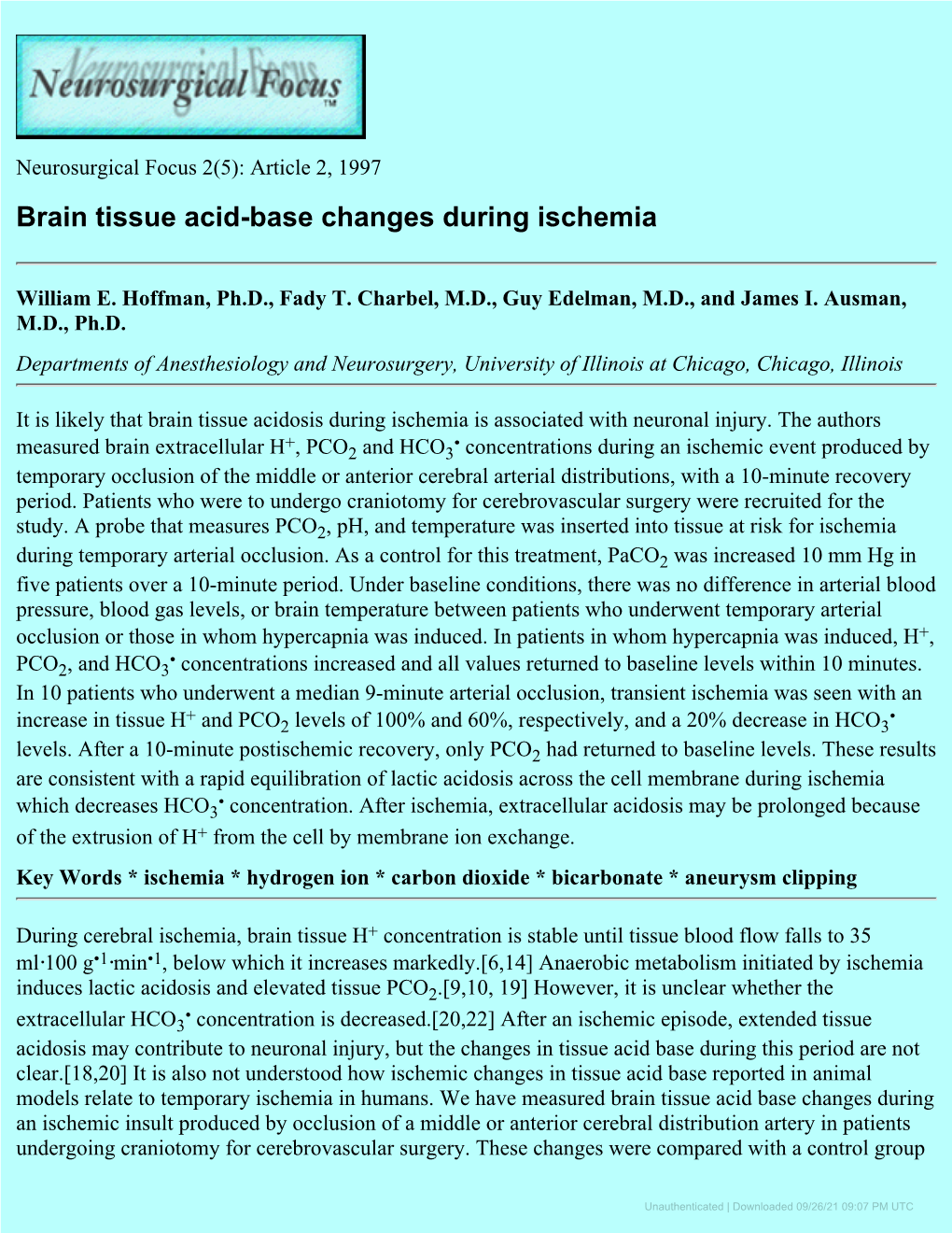 Brain Tissue Acid-Base Changes During Ischemia