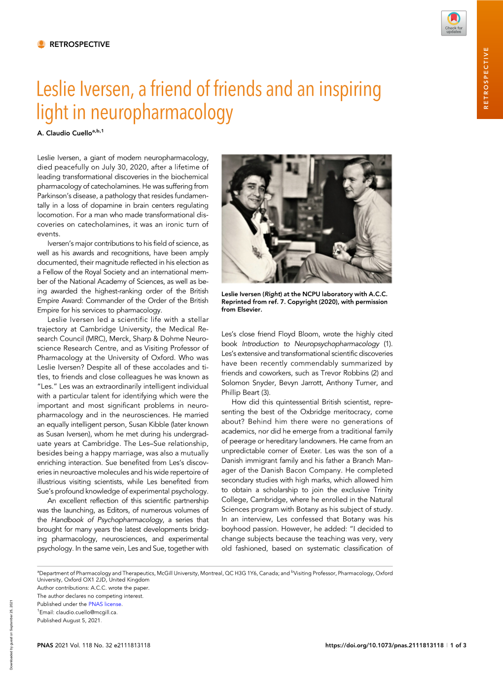 Leslie Iversen, a Friend of Friends and an Inspiring Light in Neuropharmacology RETROSPECTIVE A