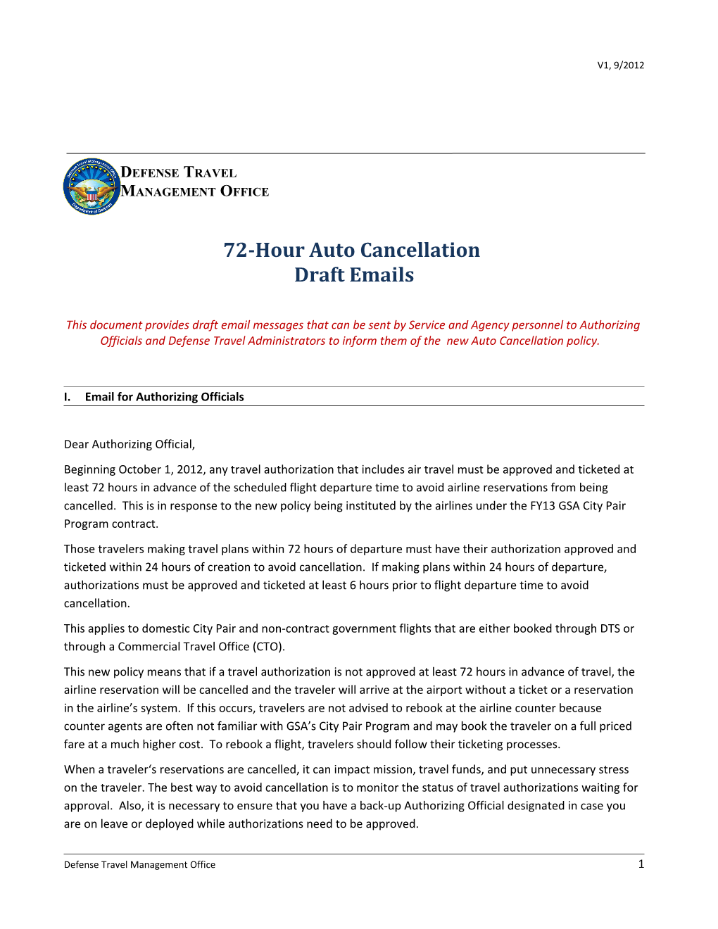 72-Hour Auto Cancellation Draft Emails 8/2012