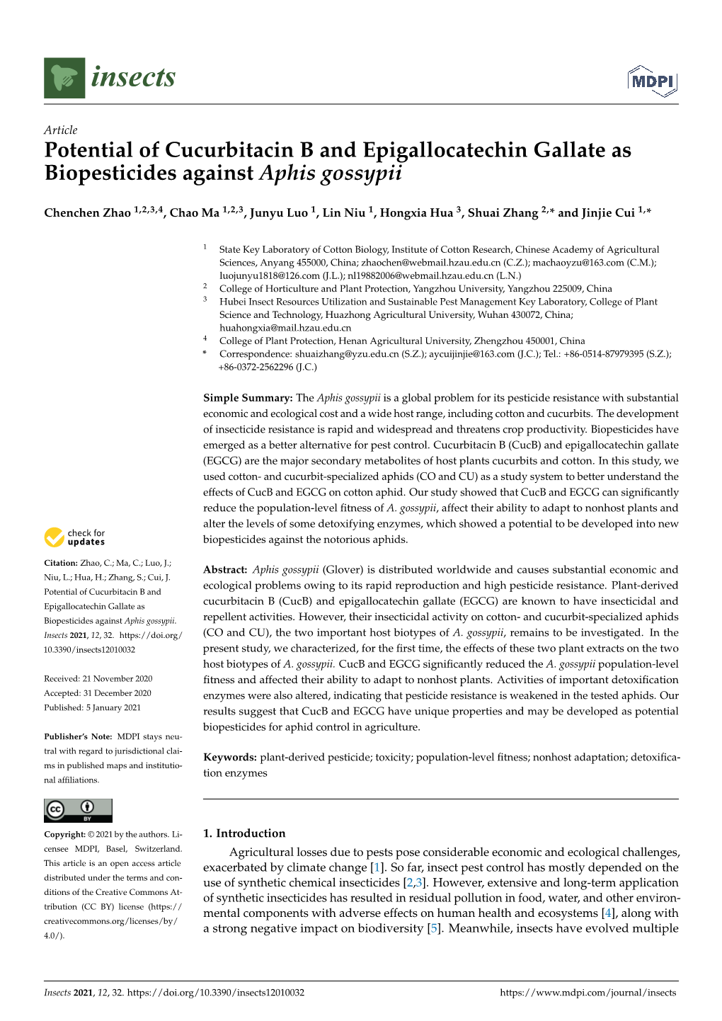 Potential of Cucurbitacin B and Epigallocatechin Gallate As Biopesticides Against Aphis Gossypii