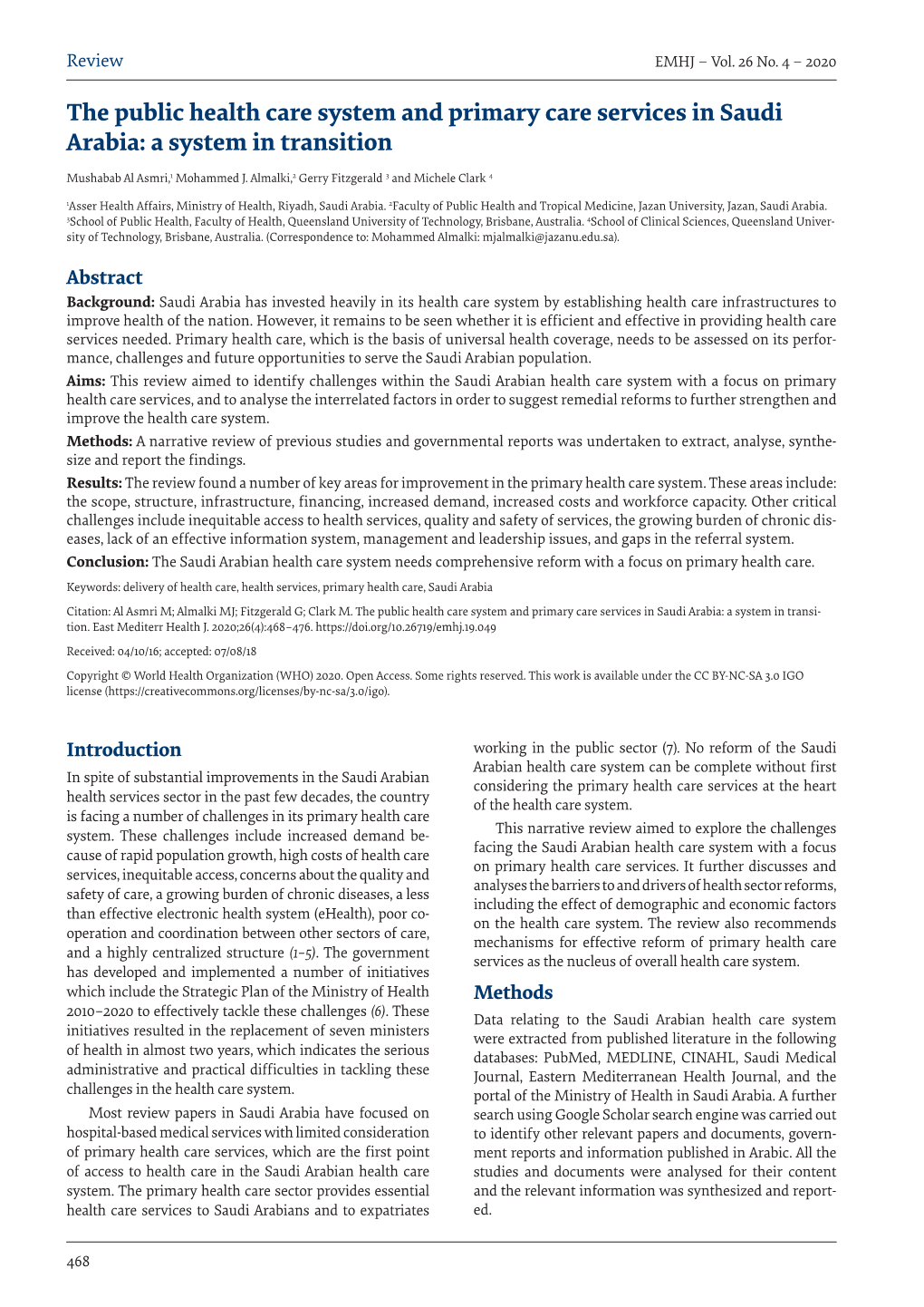 The Public Health Care System and Primary Care Services in Saudi Arabia: a System in Transition