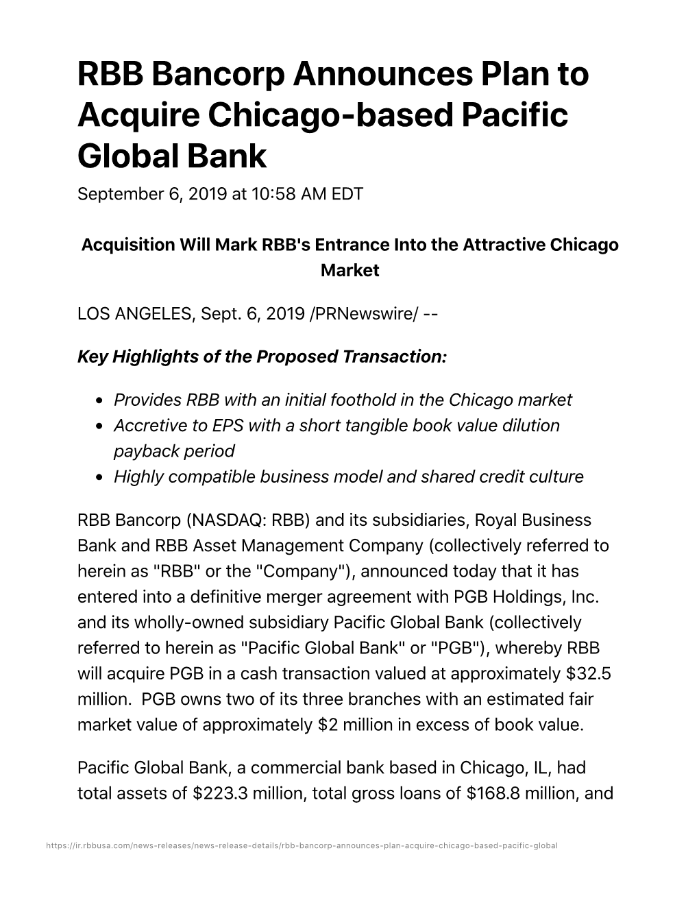 RBB Bancorp Announces Plan to Acquire Chicago-Based Pacific Global Bank September 6, 2019 at 10:58 AM EDT