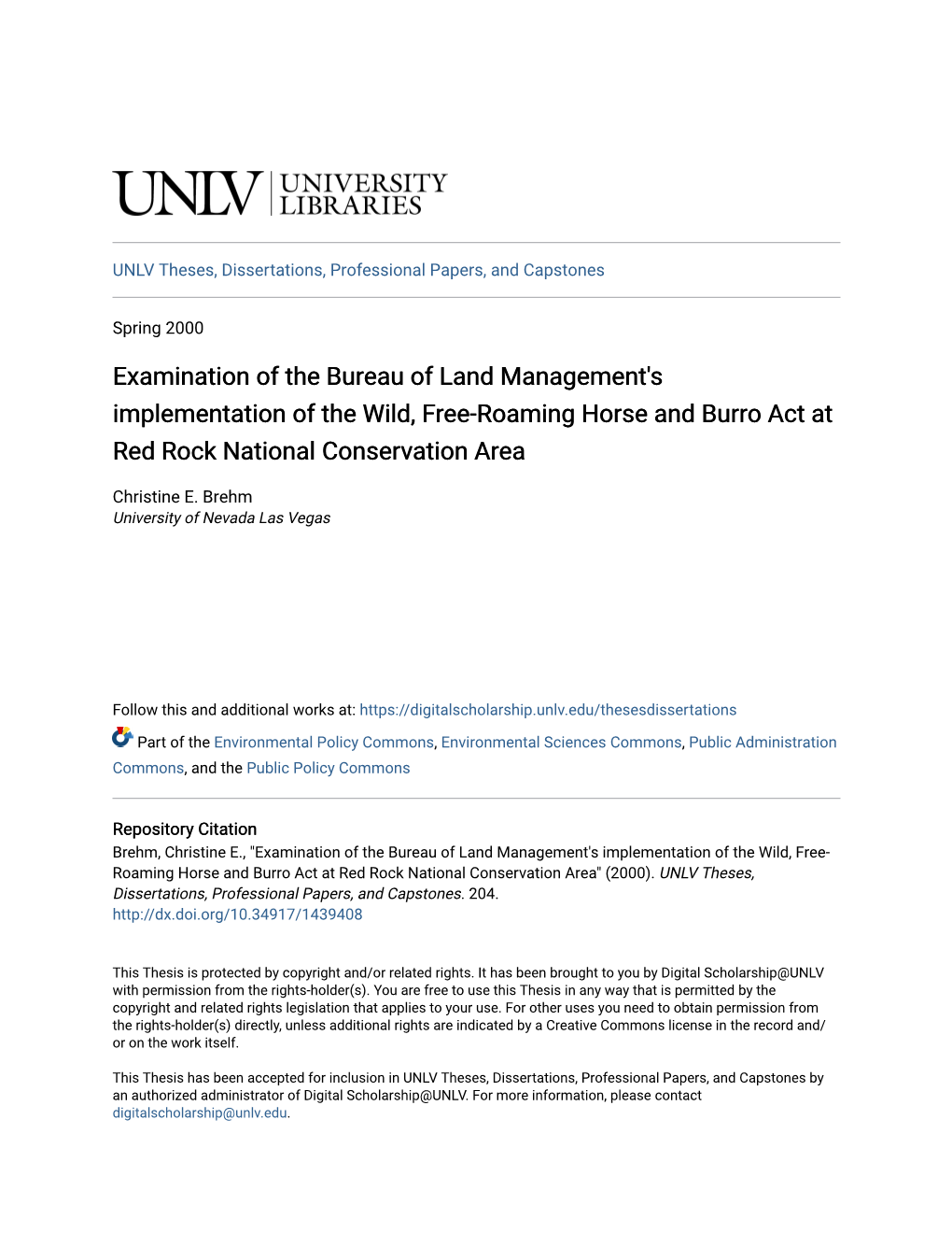 Examination of the Bureau of Land Management's Implementation of the Wild, Free-Roaming Horse and Burro Act at Red Rock National Conservation Area