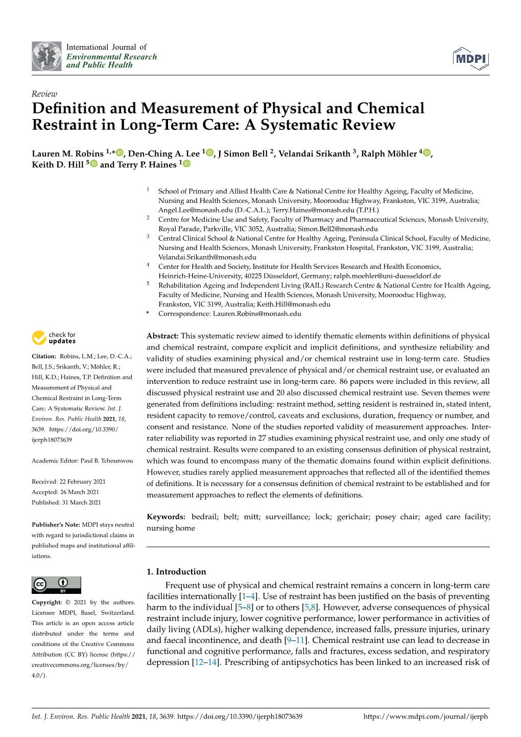 Definition and Measurement of Physical and Chemical Restraint In