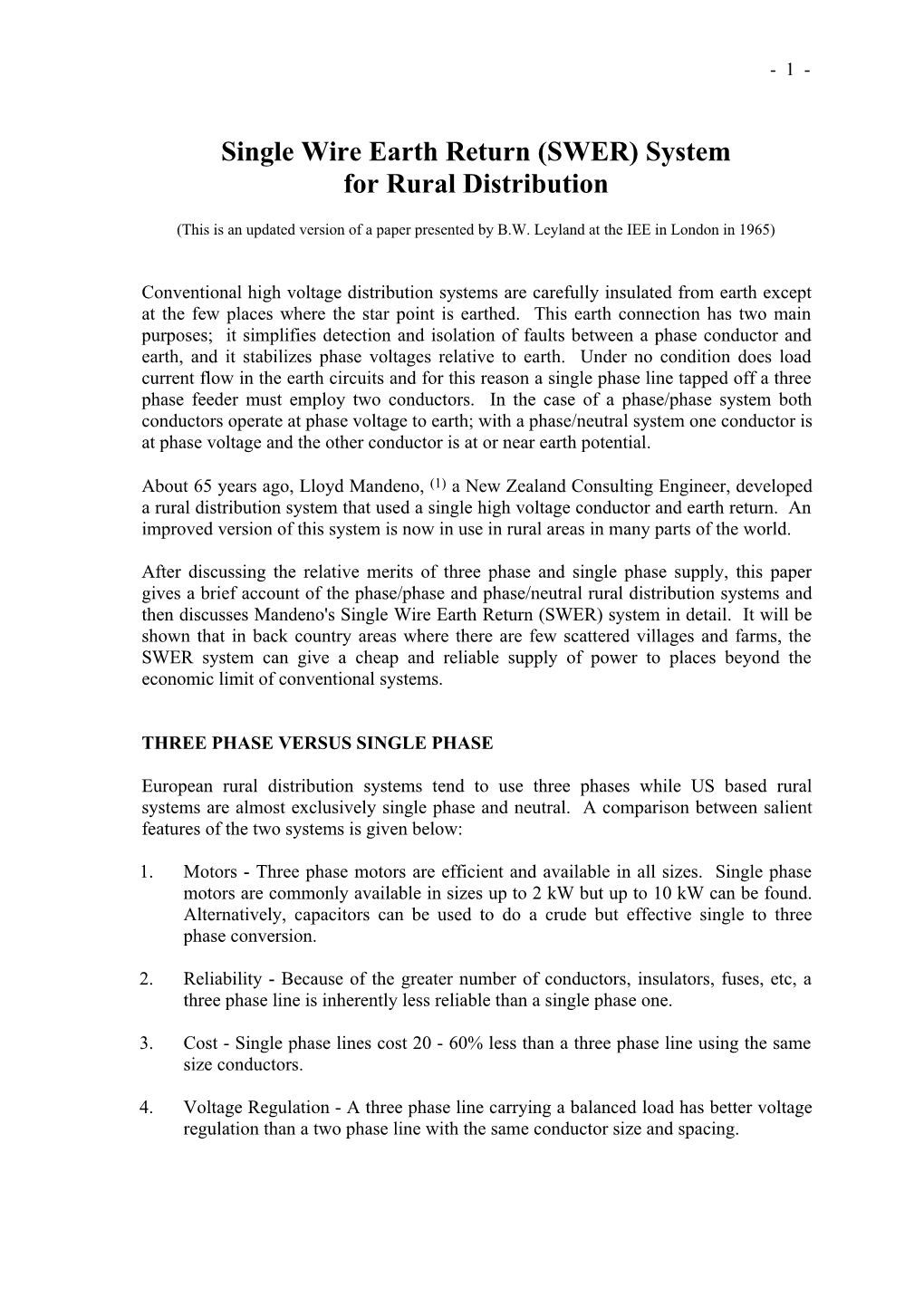 Single Wire Earth Return (SWER) System