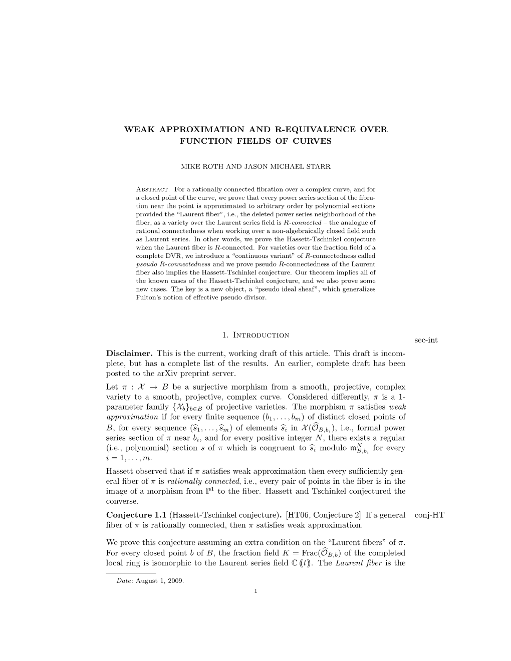 Weak Approximation and R-Equivalence Over Function Fields of Curves