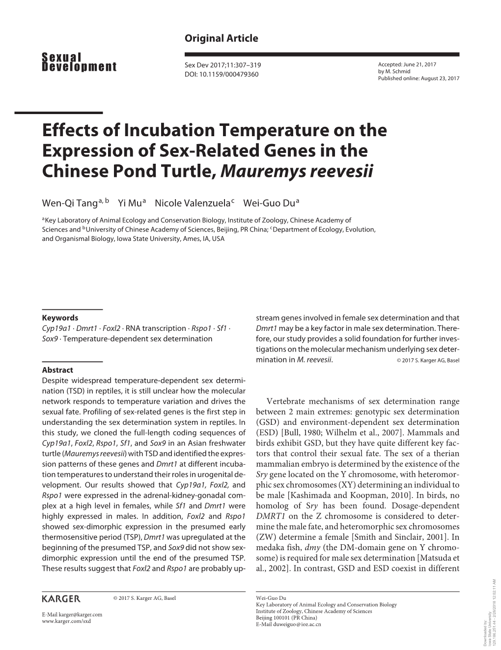 Effects of Incubation Temperature on the Expression of Sex-Related Genes in the Chinese Pond Turtle, Mauremys Reevesii
