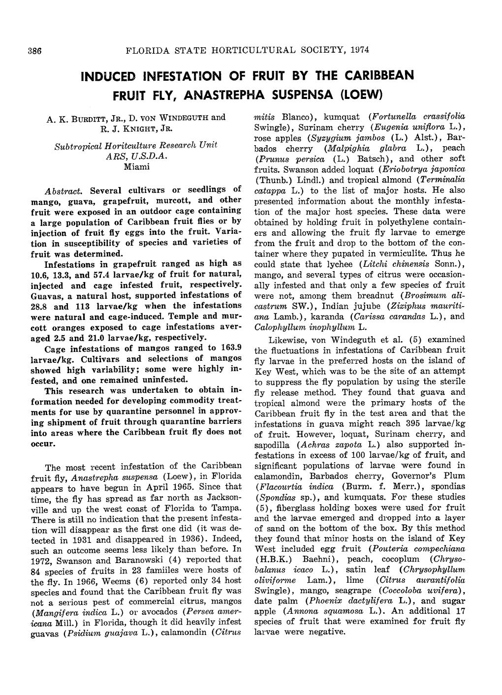 Induced Infestation of Fruit by the Caribbean Frubt Fly, Anastrepha Suspensa (Loew)