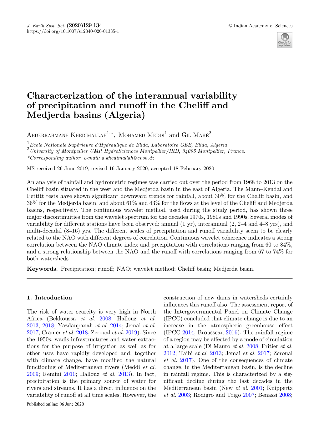 Characterization of the Interannual Variability of Precipitation and Runoa in the Chelia and Medjerda Basins (Algeria)