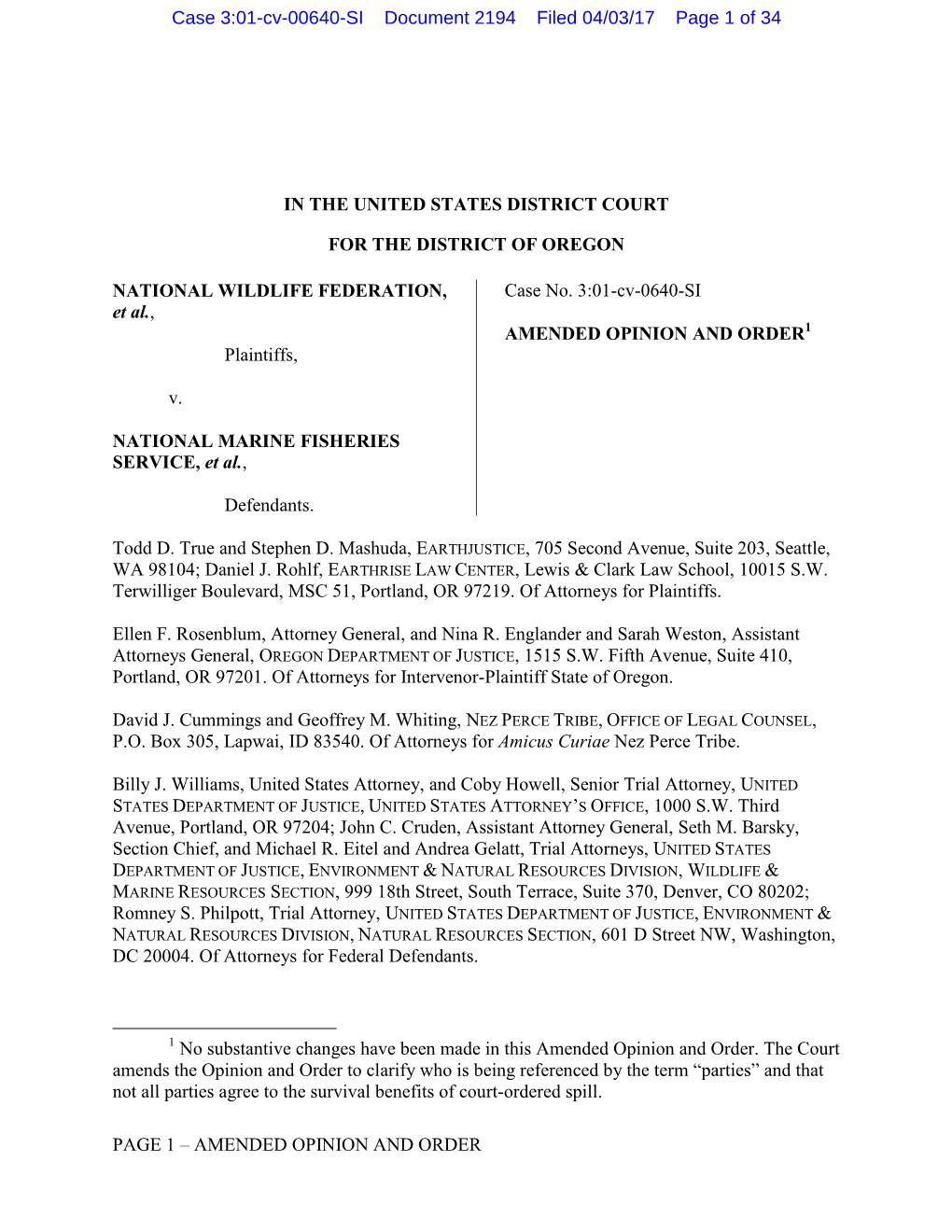 Page 1 – Amended Opinion and Order in The