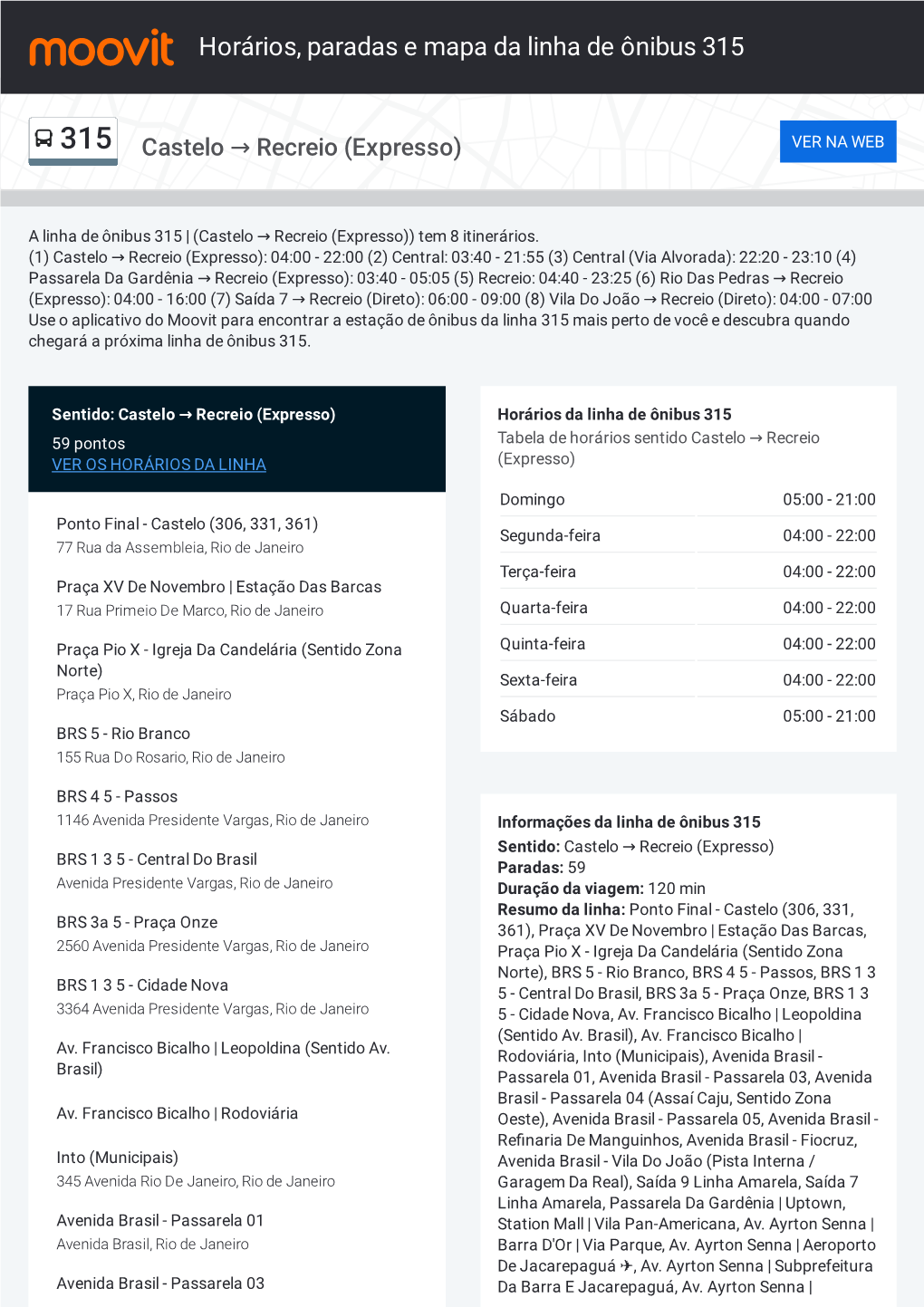 Horários, Paradas E Mapa Da Linha De Ônibus 315