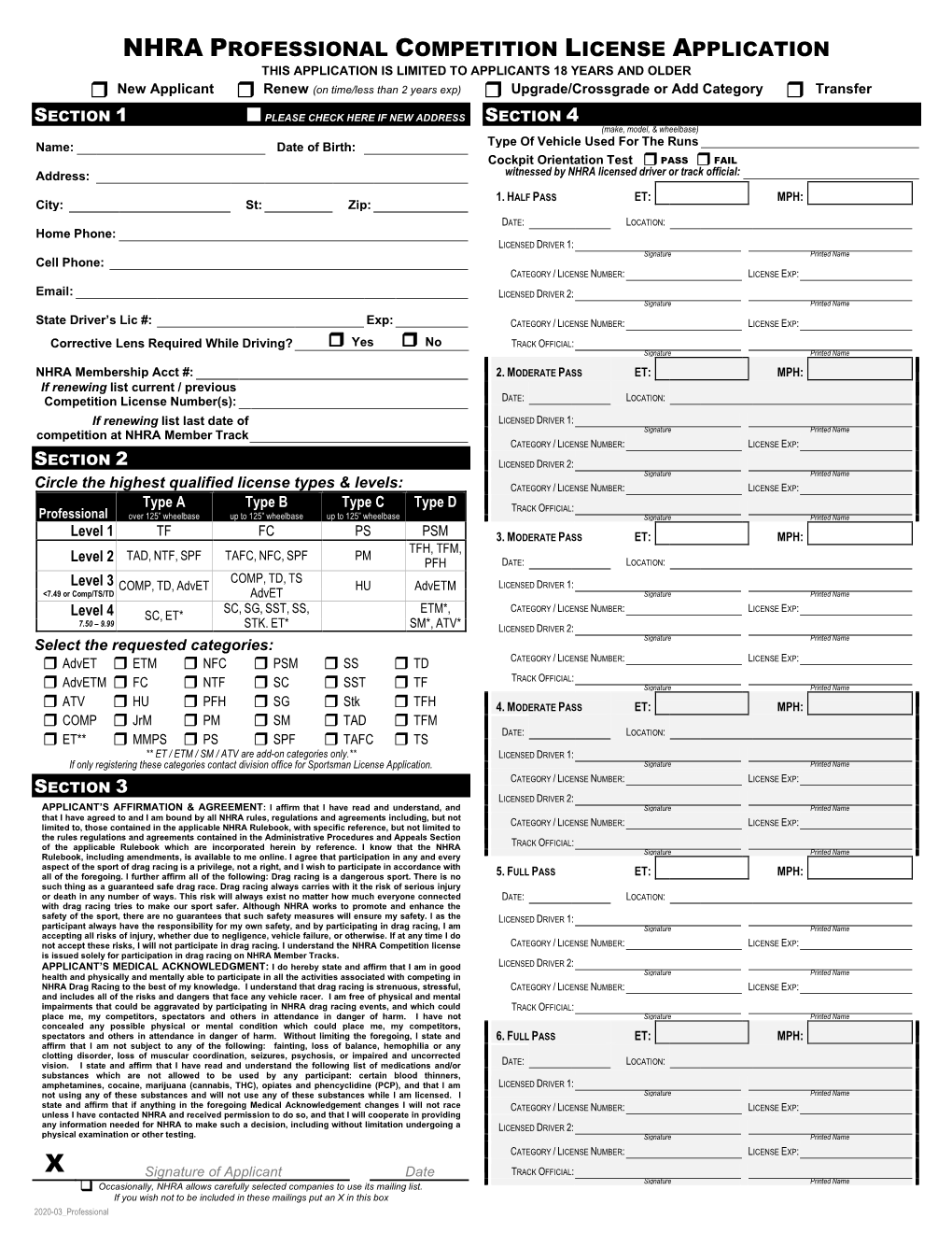 NHRA Professional Competition License Application & Medical