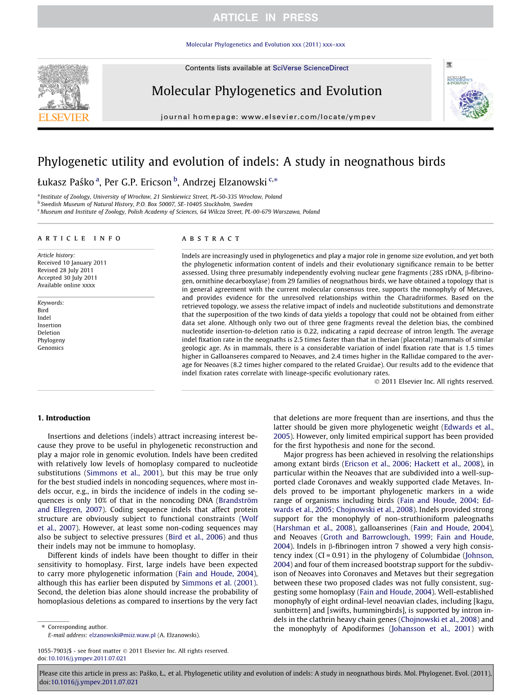 Phylogenetic Utility and Evolution of Indels: a Study in Neognathous Birds ⇑ Łukasz Pas´Ko A, Per G.P