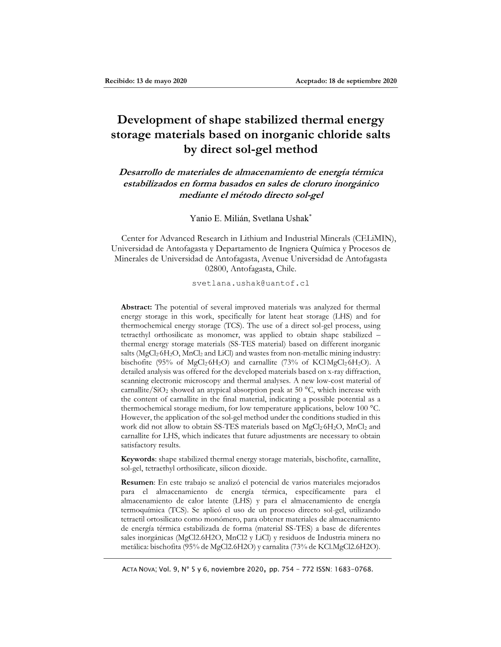 Desarrollo De Materiales De Almacenamiento De Energía Térmica Estabilizados En Forma Basados En Sales De Cloruro Inorgánico Mediante El Método Directo Sol-Gel