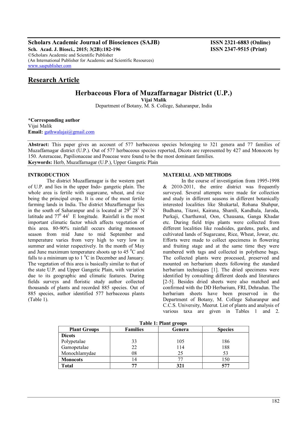 Research Article Herbaceous Flora of Muzaffarnagar District (UP)