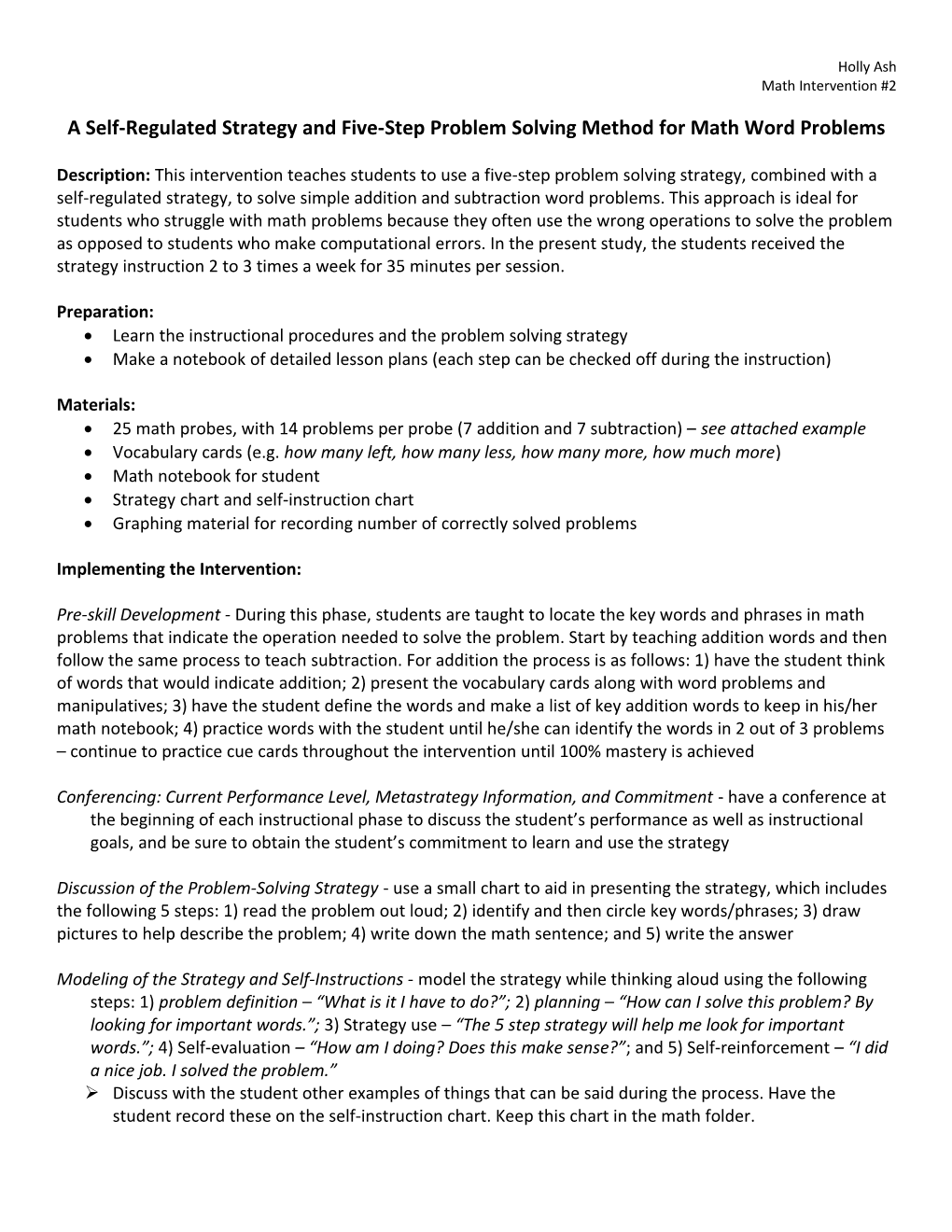 Problem Solving Strategy And Self-Regulated Strategy Development For Simple Addition And Subtraction Word Pr