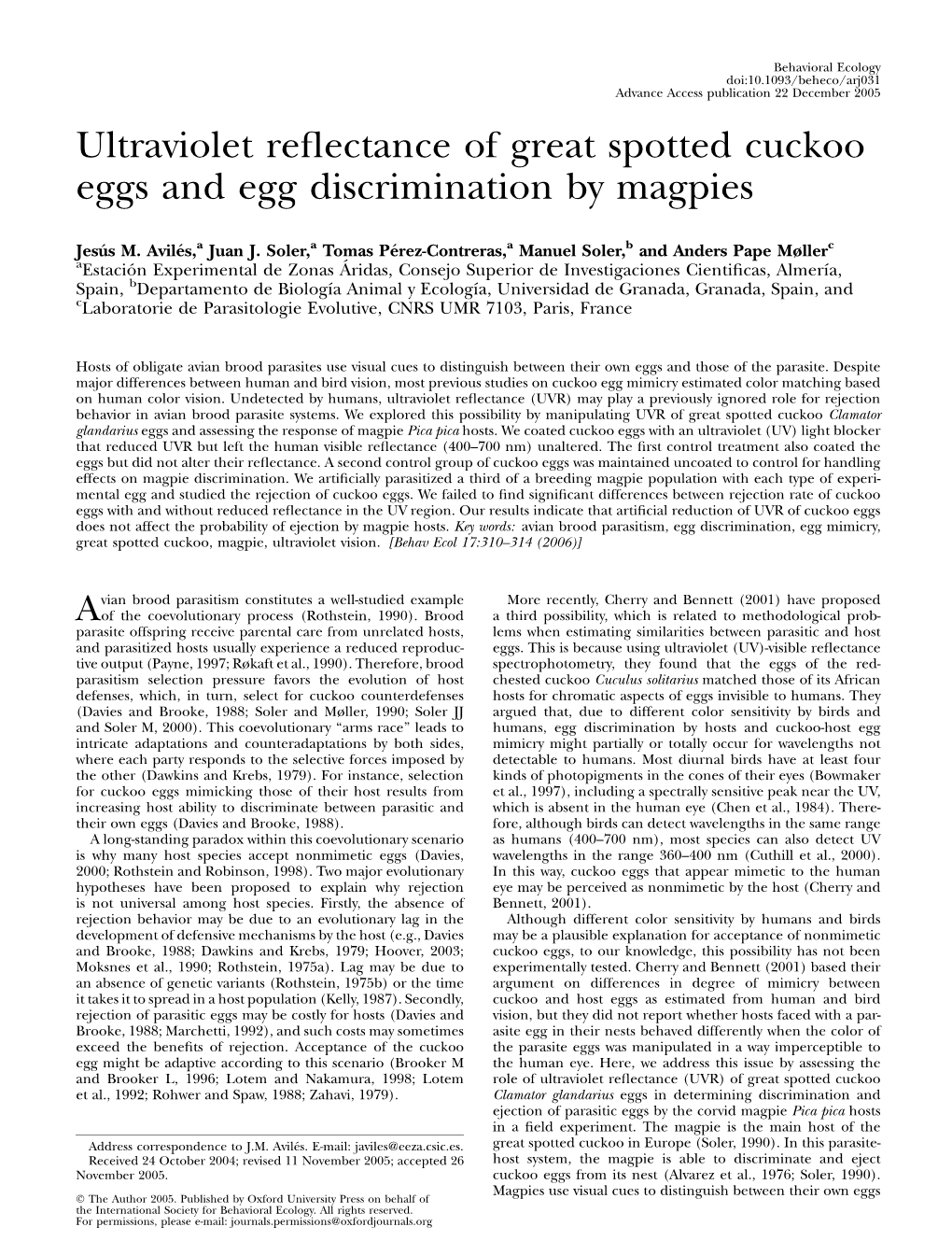 Ultraviolet Reflectance of Great Spotted Cuckoo Eggs and Egg