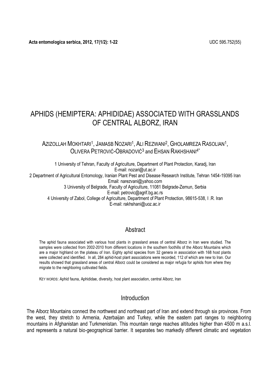 Aphids (Hemiptera: Aphididae) Associated with Grasslands of Central Alborz, Iran