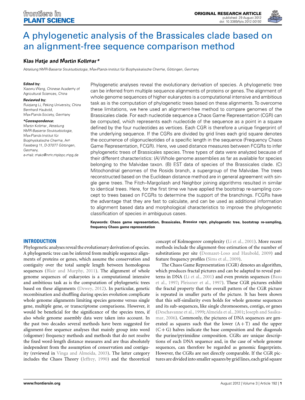 A Phylogenetic Analysis of the Brassicales Clade Based on an Alignment-Free Sequence Comparison Method