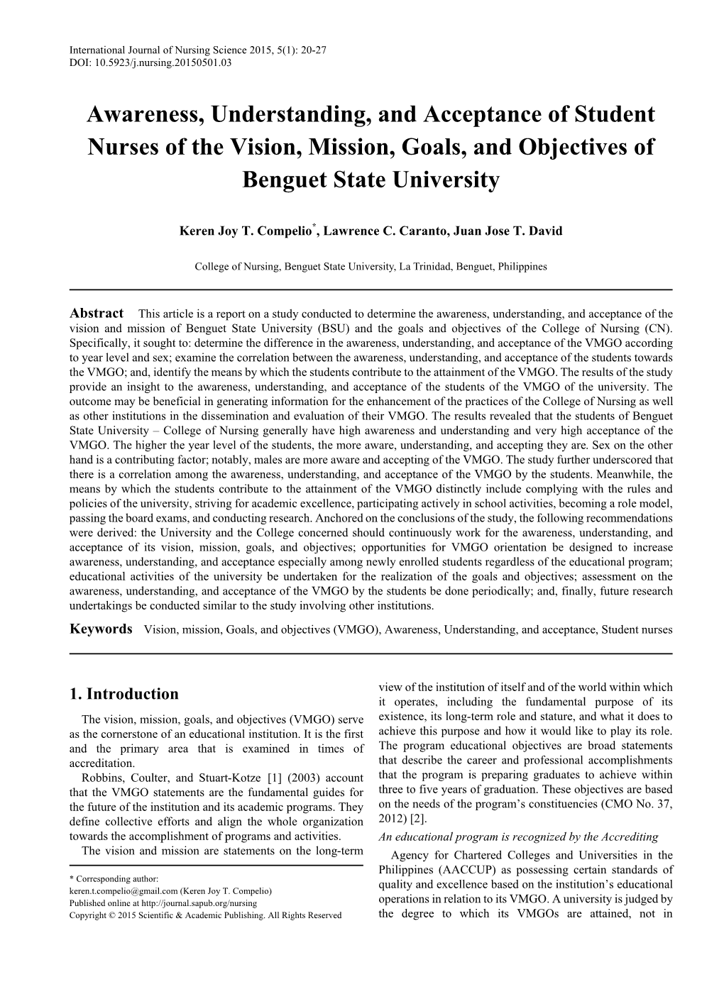 (VMGO), Awareness, Understanding, and Acceptance, Student Nurses