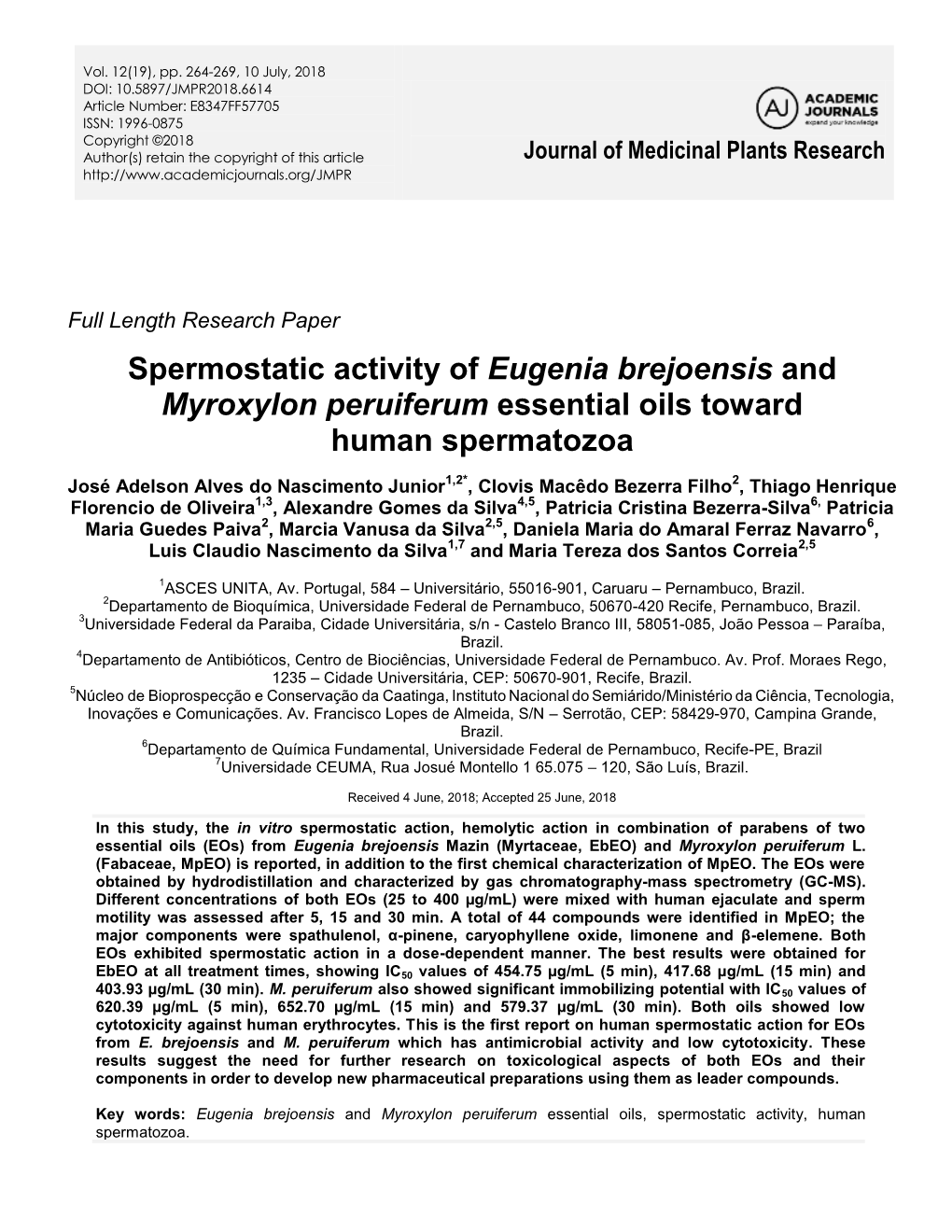 Spermostatic Activity of Eugenia Brejoensis and Myroxylon Peruiferum Essential Oils Toward Human Spermatozoa