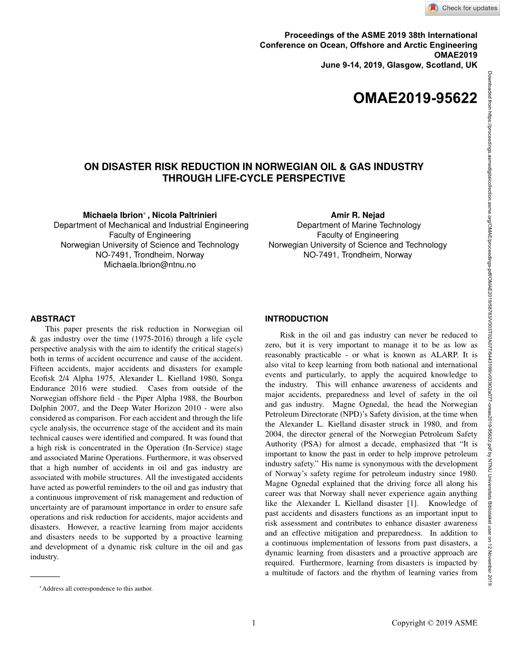 On Disaster Risk Reduction in Norwegian Oil and Gas Industry