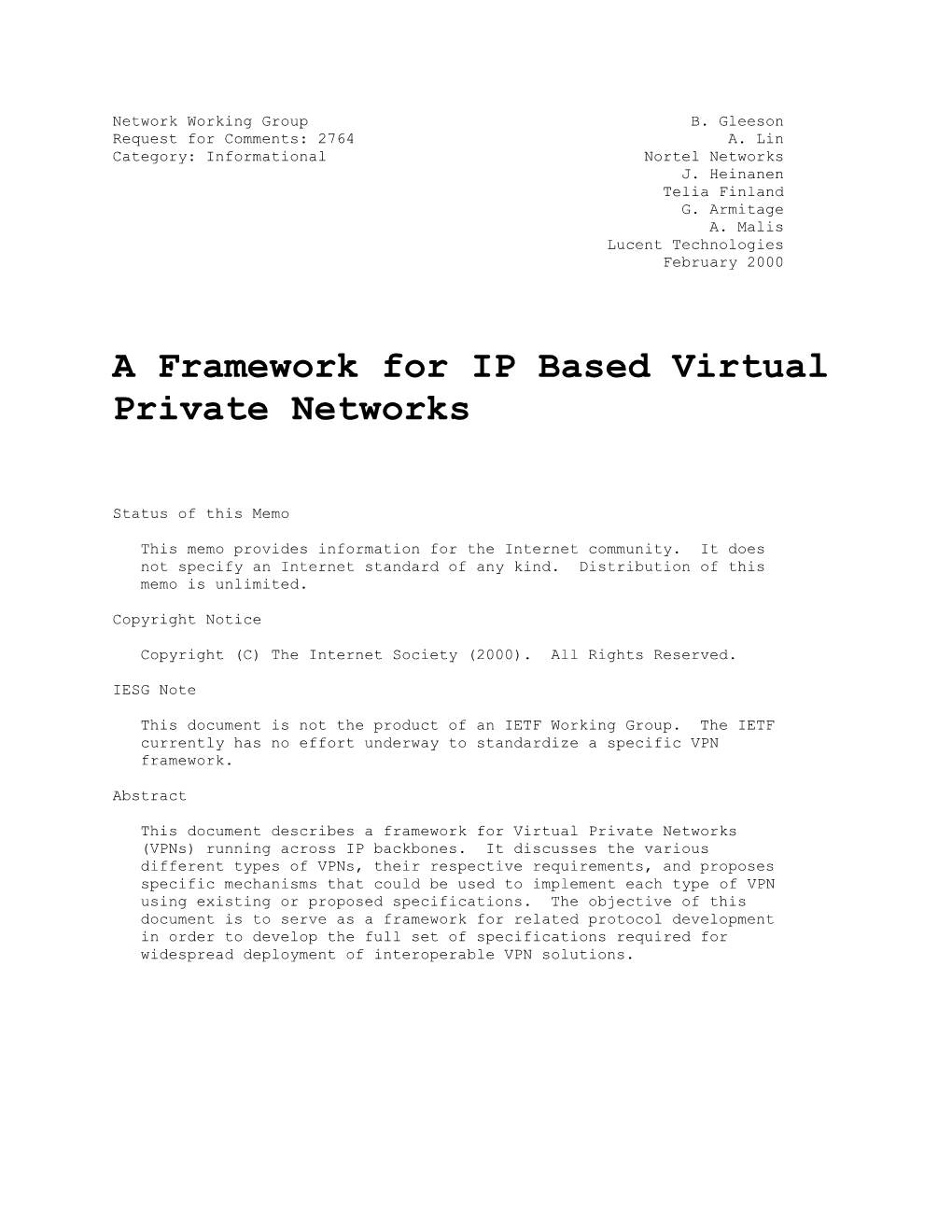 RFC 2764: a Framework for IP Based Virtual Private Networks, IETF