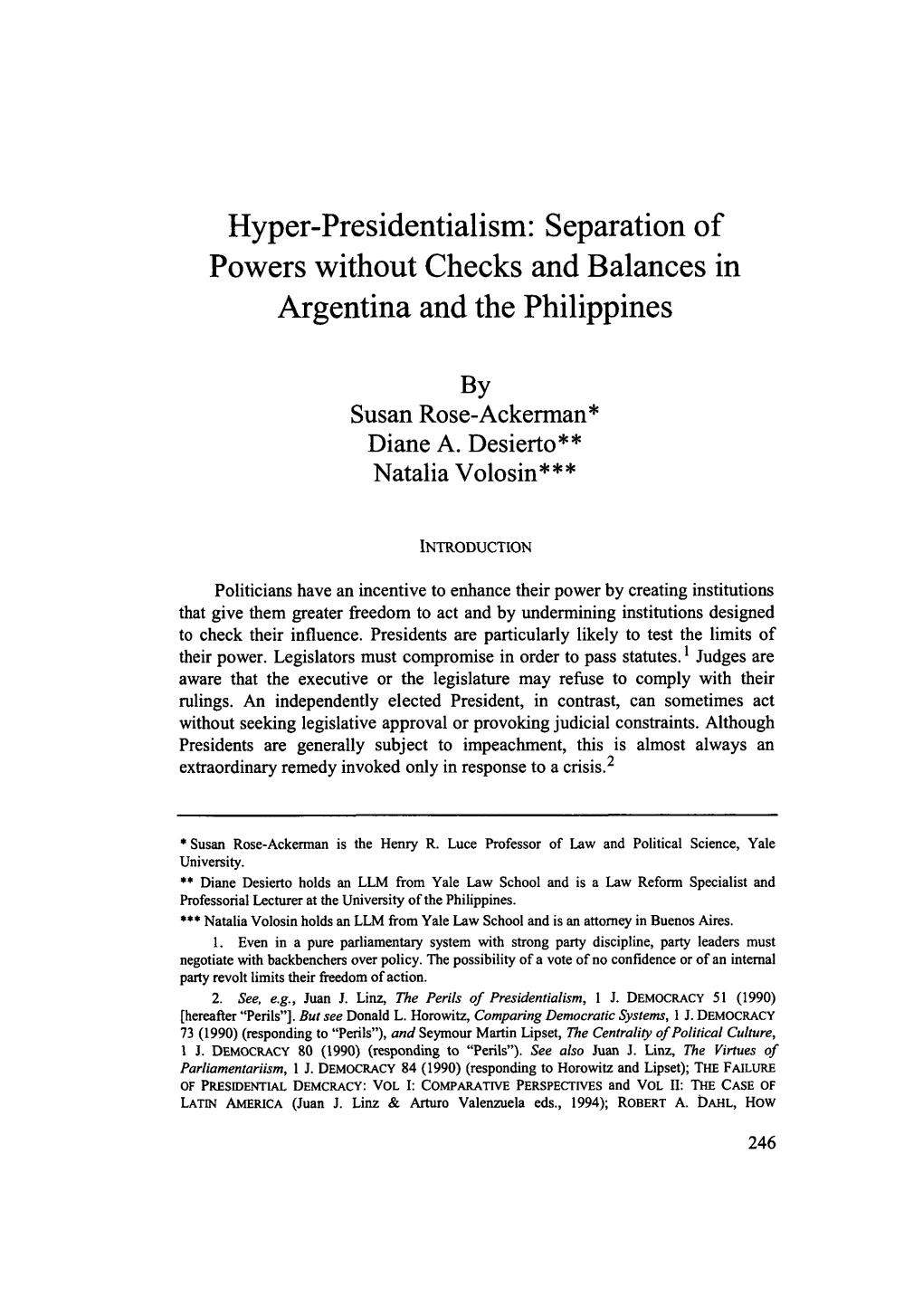 Hyper-Presidentialism: Separation of Powers Without Checks and Balances in Argentina and the Philippines