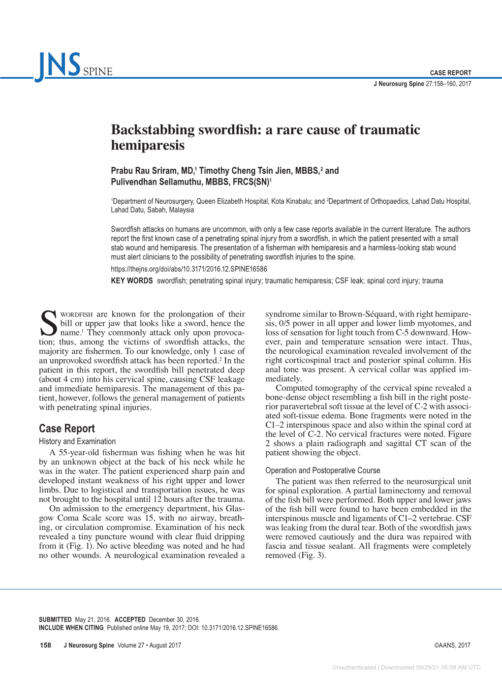 Backstabbing Swordfish: a Rare Cause of Traumatic Hemiparesis