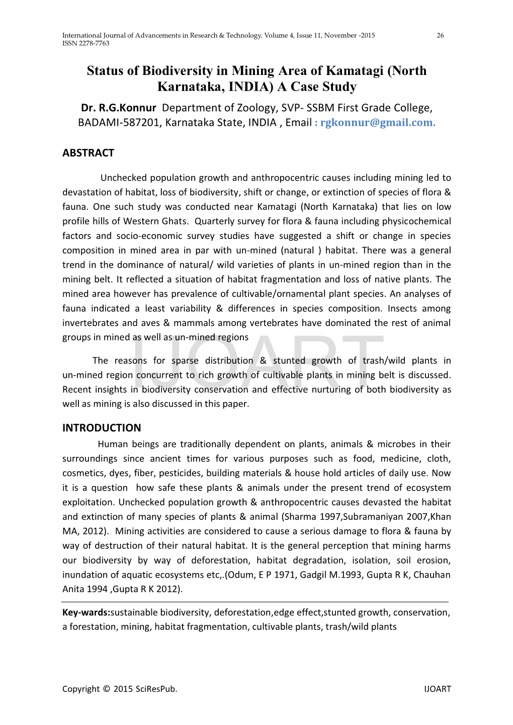 Status of Biodiversity in Mining Area of Kamatagi (North Karnataka, INDIA) a Case Study