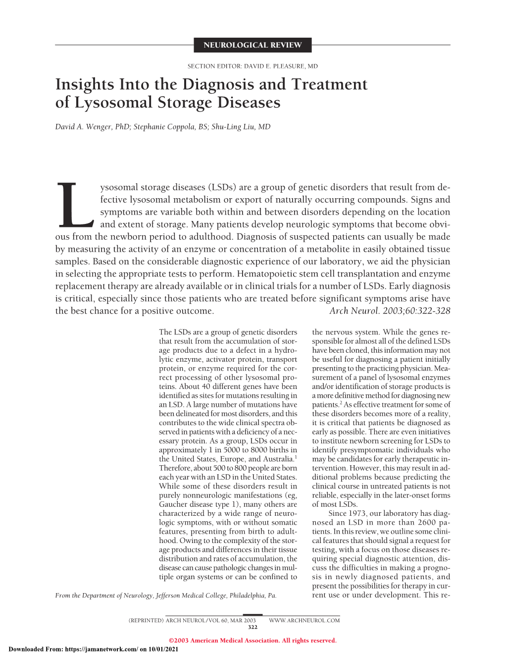 Insights Into the Diagnosis and Treatment of Lysosomal Storage Diseases