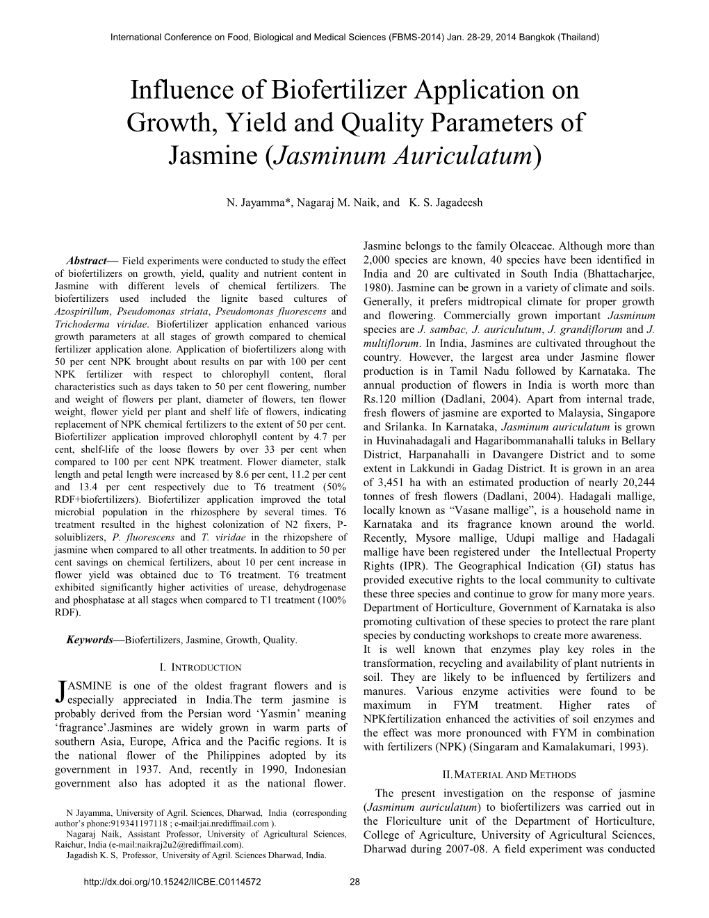 Influence of Biofertilizer Application on Growth, Yield and Quality Parameters of Jasmine (Jasminum Auriculatum)